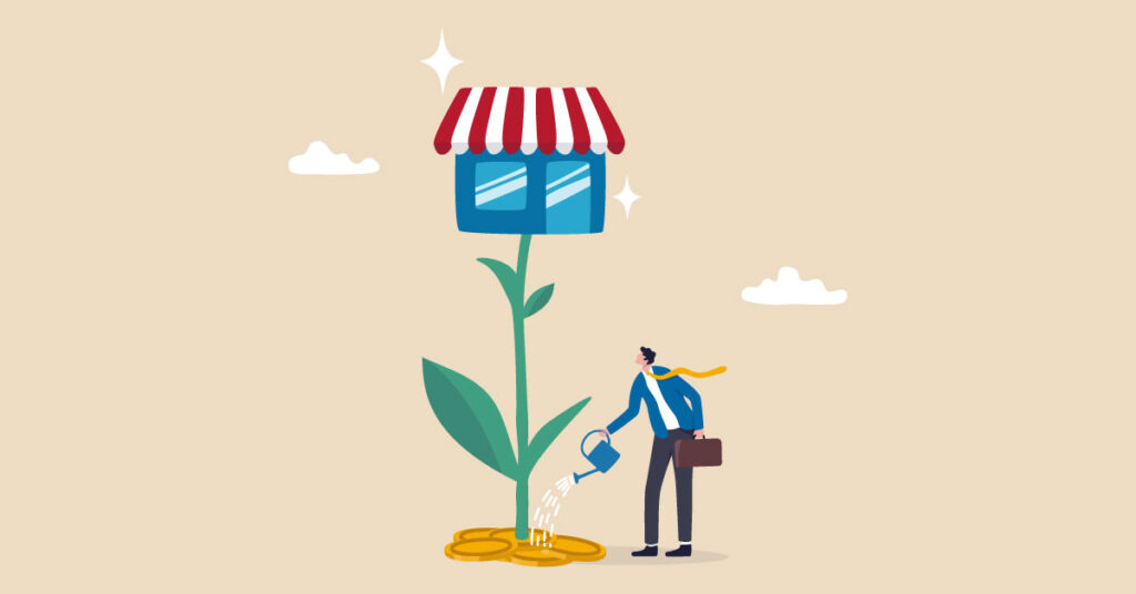 an illustration of a business person watering coins growing a small business